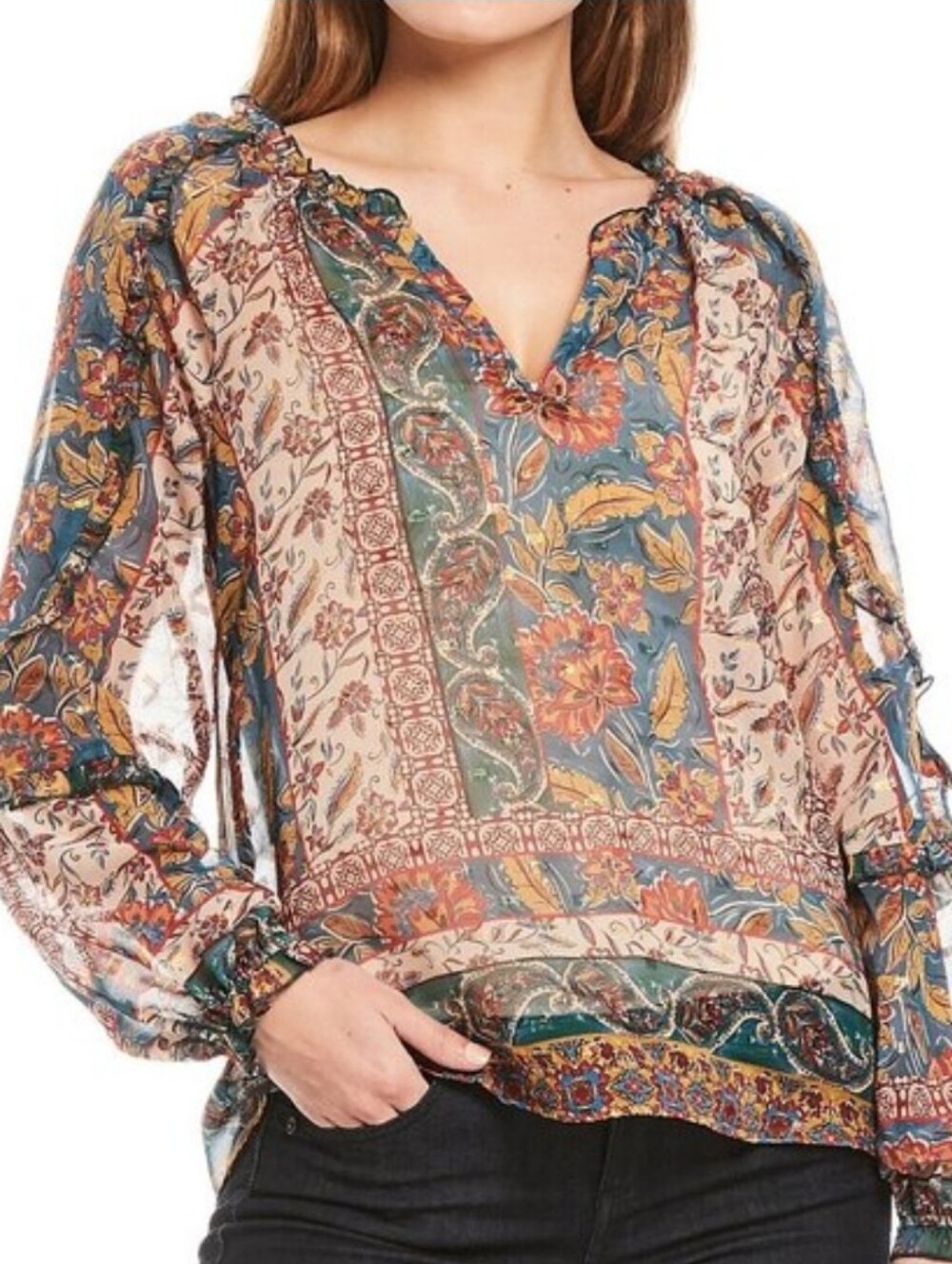 Democracy Floral Paisley V-Neck Ruffle Sheer Blouse - Blue, Cream, Burgundy